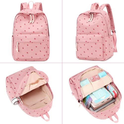 LOIDOU Schulrucksack Mädchen & Jungen Teenageralter Leichter Rucksack Damen für Schule Wasserabweisend Daypack Bookbag Colleg Work (Strawberry rosa Cord)
