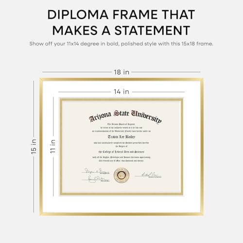 Image of Homeforia 15x18 Diploma Frame Gold, High End Metal 15 x 18 Gold Certificate Frame with Mat 11 x 14, 18by15 Document Frames Matted to 11x14, Graduation Degree Frames, Tempered Glass, Wall Kit, Set of 2