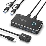 RSHTECH USB 3.0 Switch, 2 In 4 Output USB-C Switcher for 2 Computer Share 4 USB 3.0 Ports (1C+3A) for Keyboard/Mouse/Printer, USB3 Splitter with 2x 4ft Data Cable &1x 4ft Wired Controller (RSH-A201R)