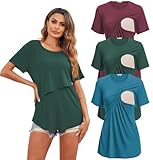 Ekouaer Short Sleeves Maternity Shirts Nursing Tops & Tees for Mommy Round Neck Pregnancy Loungewear Breastfeeding Outfit Tee Shirts 3 Packs L (Red + Lake Green + Blue Green)
