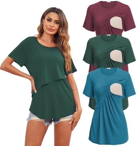 Image of Ekouaer Women's Maternity Shirts Short Sleeves Nursing Tops 3 Pack Double Laye Breastfeeding Tees Pregnancy Clothes S-XXL
