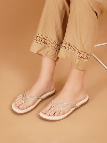 Image of JM LOOKS Elegant Embellished Shimmer Strap Flip Flops Comfortable Lightweight Daily Wear Flat Sandals For Women
