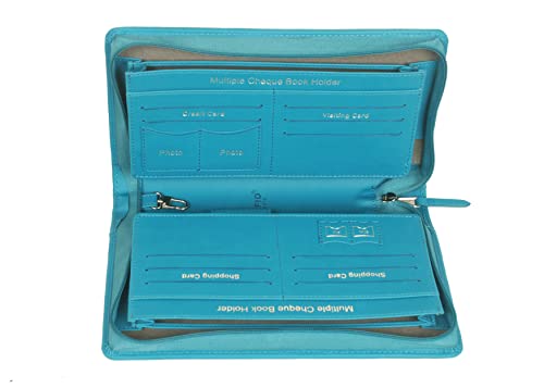 Image of Sukeshcraft Multiple Cheque Book Holder | Original PU Holds Upto 8 Cheque Books, Locker Key Hook, 2 Photo Slots, 1 Pin-Sim Slot, 13 Credit /Debit Card Slots with Matching Zipper (PU -Sea Green)