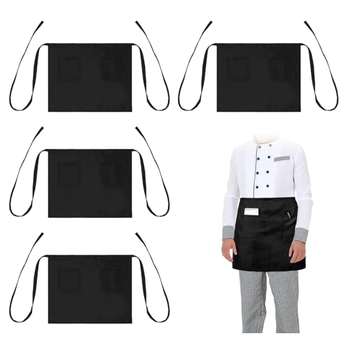 DHSWNNG 4 Stück Vorbinder Schürze Schwarz, 60x40cm Kellnerschürze mit 2 Taschen Taillenschürze Wasserdichte Halbschürze Kurz Kochschürze Unisex Kellner Schürze für Herren Damen