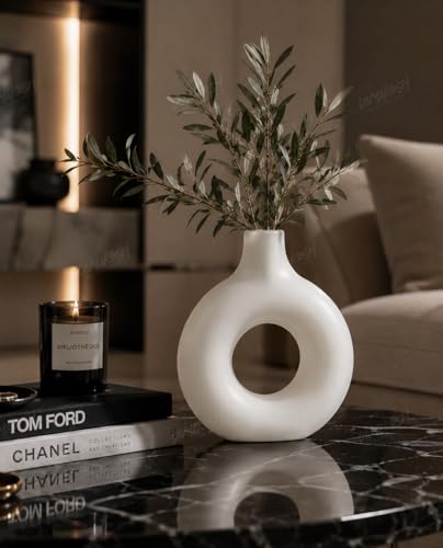 Image of Divyakosh White Donut Vase for Home Decor | Modern Geometric Flower Vase' (VASE' ONLY) for Center Table, Home Decoration Items for Living Room, Aesthetic Home Decor | 9 Inch
