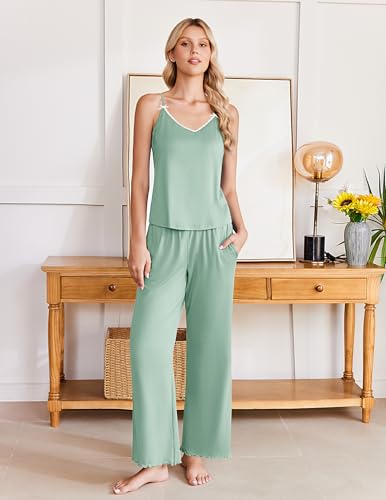 Image of Ekouaer Womens Y2K Cami Pajama Set with Flare Pants, 2 Piece Lace Trim Sleepwear Spaghetti Strap Pjs Set XS-2XL