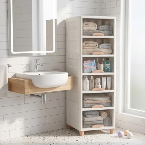 Image of HoopVool Foldable Storage Cabinet, Stackable Plastic Storage Box with Front Opening Door, Dustproof Organizer for Clothes, Toys, Books, Bathroom & Bedroom (6-Tier (33 X 38 X 156 CM))