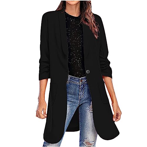 Long Blazer for Women Ruched 3/4 Sleeve Oversized Suit Jackets Elegant Work Office Suit Coat with Pockets