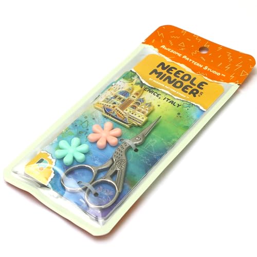 Image of Awesome Pattern Studio Needle Minder Set - Venice Magnetic Needle Minder + 2 Needle Threaders + Crane Scissors. Enamel Pin for Cross Stitch, Embroidery and Craft