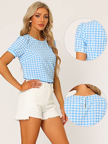 Allegra K Vintage Gingham Top for Women's Puff Short Sleeve Crew Neck Casual Check Shirt2