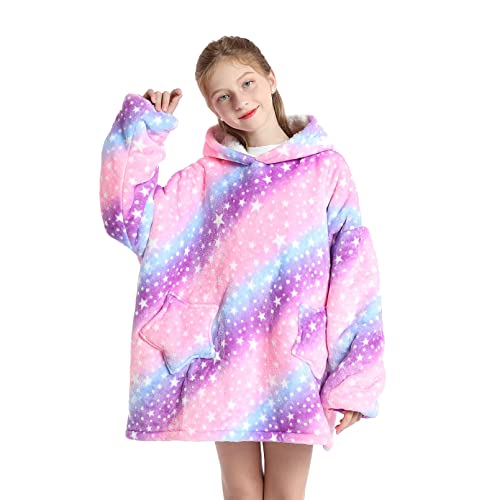 Hiluckyyy Girls Oversized Blanket Hoodie Kids Snuggle Fleece Wearable Warm Winter Blanket 6-12 Years (Purple)