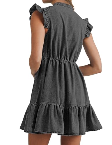 Image of POTILI Denim Dress for Women Mini Jean Dress with Pockets | Ruffle Sleeve, V-neck, Two Side Pockets