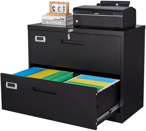 BYNSOE 2 Drawer Lateral File Cabinet Metal Filing Cabinet with Lock Office Home Steel Lateral File Cabinet for A4 Legal/Letter Size Wide File Cabinet Locked,Assembly Required(2 Drawer, Black)