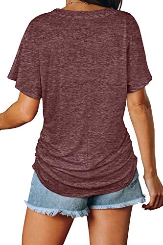 Image of WIHOLL Womens Summer T-Shirts Short Sleeve V Neck Dolman Tops with Side Shirring Loose Fit Shirts Spring Fashion
