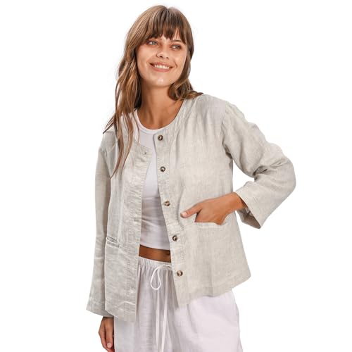 Image of Amazhiyu Women's 100% Linen Long Sleeve Button Up Crew Neck Lightweight Cardigan
