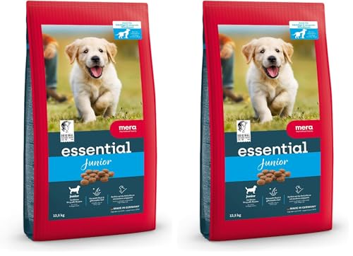 MERA Essential Junior Welpenfutter Trockenfutter 2kg | Hundefutter Trocken für Welpen Aller Rassen & Größen | Omega-3 und Omega-6 für Haut & glänzendes Fell | Dry Dog Food (Packung mit 2)