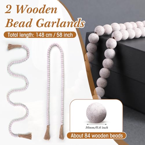 Geetery 2 Pcs 58'' Bead Garland with Tassels, Rustic Country Decor, Boho Wall Hanging for Farmhouse Style, Versatile Prayer Beads for Home, Table, or Wall Decoration (Whitewashed) by Geetery - Image 2