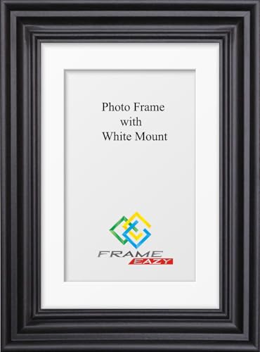 FRAME EAZY Black 12x10 Photo Frame with 10x7 White Mount to Hang Portrait or Landscape - Swept Picture Frame With Safe Perspex Front - 12" x 10" For Picture Size 10" x 7"