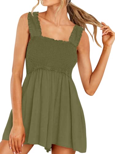 Deep Self Women Sleeveless Romper Square Collar Wide Leg Jumpsuit With Pockets(Army Green,M) #TOP3