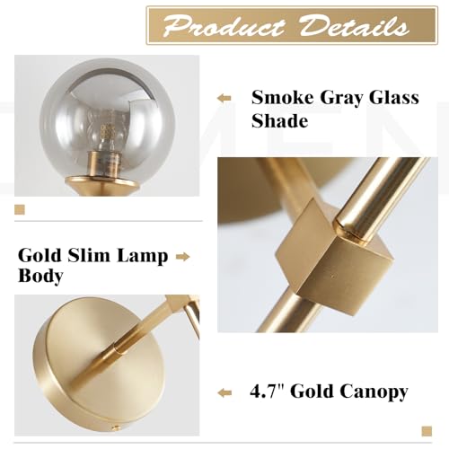 Image of KCO Mid-Century Modern Wall Mounted Sconces Set of 2 Smoke Gray Glass Globe Wall Lamps with Long Arm Industrial Gold Wall Lights Fixture for Bedroom Bedside Stairway Hallway