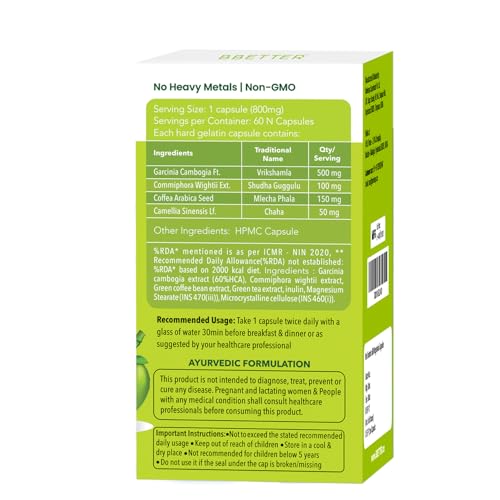 Image of BBETTER Garcinia Cambogia For Weight Loss Capsules For Women And Men - With Green Coffee Green Tea Guggulu Extract & Inulin - Keto supplement -120 Veg capsules