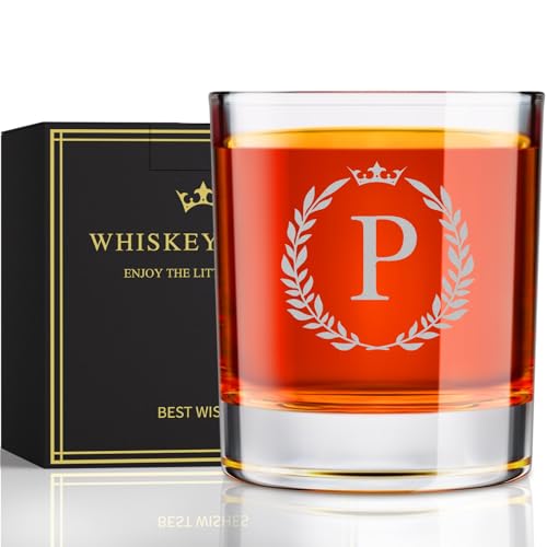 Personalized Whiskey Glasses Gifts for Men, Monogrammed Engraved A-Z 10.6 oz Rocks Glass Customized Gift, Unique Christmas Birthday Gifts for Men Him Dad Husband Brother Son (P)