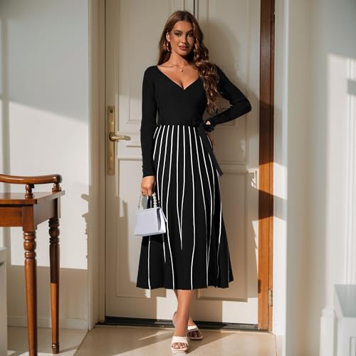 Womens 2025 Spring Autumn V Neck Wrap Dress Long Sleeve Tie Waist Ribbed Knit High Waist A Line Casual Midi Dress3