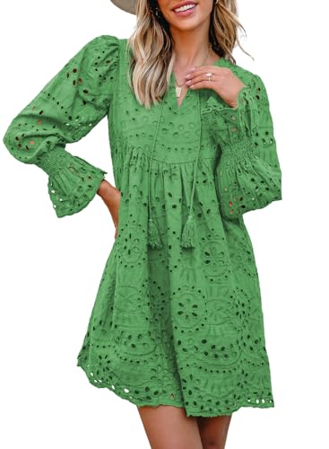 Image of Dokotoo Womens 2026 Boho Dress Tassel V Neck Long Sleeve A Line Casual Hollow Out Lace Ruffle Party Dresses