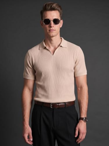 Image of Veirdo Men's Rib Knit Polo T-Shirt in Cotton Fabric, Classic Collar with Modern Fit, Stylish for Casual Wear, Available in Sizes S to 2XL