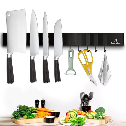 16 Inch Heavy Duty Kitchen Knife Magnetic Strip with Additional 5 Hooks-Multipurpose Stainless Steel Magnetic Tools, Knife Holder-Strong Magnetic Knife Holders for Wall No Drill required (Black)