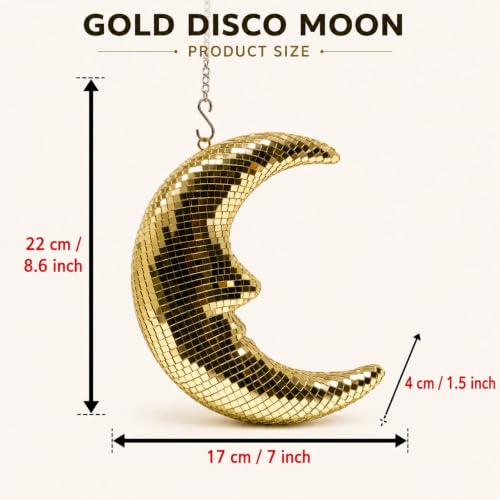 Image of Disco Ball Moon Decor 8.6 inch Gold Crescent Hanging Ornament with Chain & Hook | Reflective Disco Moon with Metal Chain and Hook, Crescent Decor for Wall, Window Hanging , Bedroom, Bar, and Holiday Decor