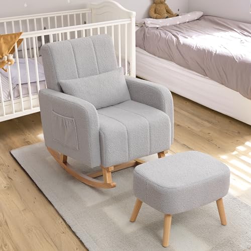 Image of HCHAIRH Rocking Chair with Ottoman, Nursing Glider Rocker with High Backrest and Side Pocket, Comfy Reading Chair with Solid Wood Legs for Nursery /Living Room /Bedroom Light Grey