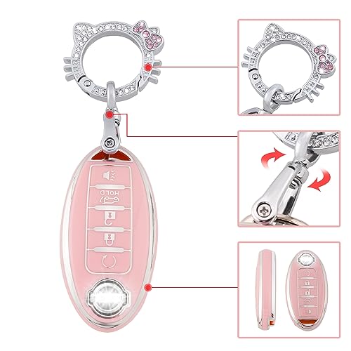 Image of Pangpai Pink Key Fob Cover for Nissan, Soft TPU Key Protection with Keychain Fit for Altima Rogue Sentra Pathfinder Frontier Maxima Titan Murano Kicks Juke Versa Armada GTR 5 Buttons
