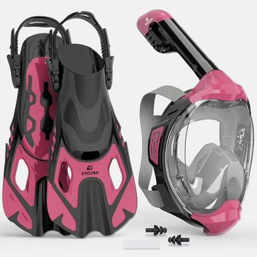 EMSINA Full Face Snorkel Mask Fins Set Adults&Kids Pink S/M Mask+L/XL Fins