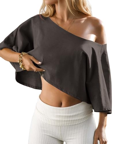 Off The Shoulder Tops Oversized Short Sleeve Crop Tee Shirt Casual Loose Workout T-Shirt 2025 Summer Fashion Clothes