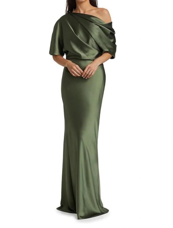 Image of Mermaid Satin Mother of The Bride Dresses for Women Ruched One Shoulder Formal Evening Gowns