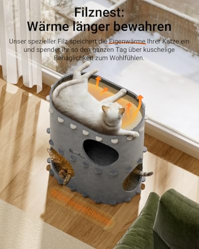 DownyPaws Katzenhöhle aus Filz, 2-stöckige Katzenbett, 50 x 33 x 50 cm Schloss Katzenhaus zum Spielen, Warmes Design, Schutz der Katzennägel, Grau