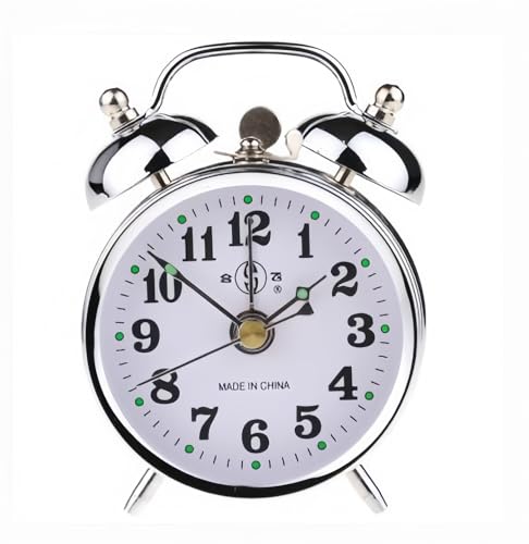 whcusmm Vintage Mechanical Alarm Clock Manual Wind Up Clock with Loud Twin Bell Analog Retro Silver Alarm Clock for Bedroom Living Room Glow in The Dark Needles
