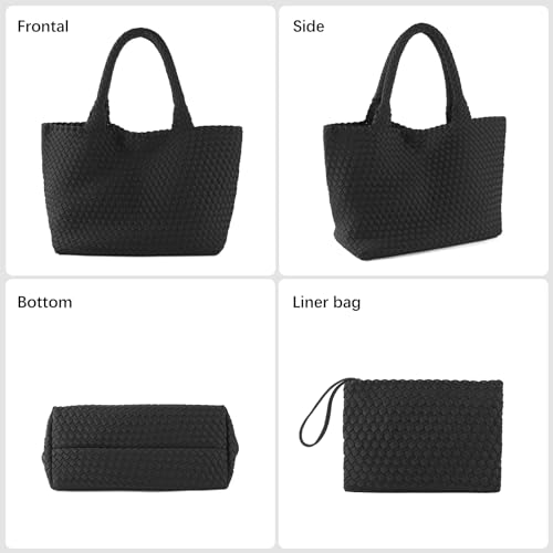 Image of Woven Bag for Women, Large Neoprene Tote Bag Summer Beach Handbag Purse Retro Handmade Travel Shoulder Bag Set