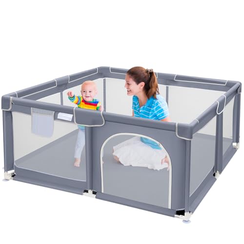 Suposeu Baby Playpen, Play Pen for Kids Activity Center, Large Baby Playard for Indoor and Outdoor, Sturdy Safety Baby Fence with Soft Breathable Mesh for Toddler, Grey