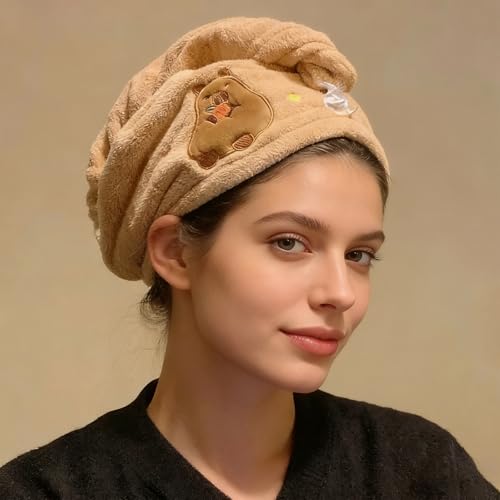 BSITSSS Capybara Mikrofaser Handtuch Haare 2er-Set, Haarturban mit Knopf, Entzückend Haarhandtuch Schnelltrocknend, Haar Handtuch Super Saugfähig, Handtuch für Haare für Alle Haartypen