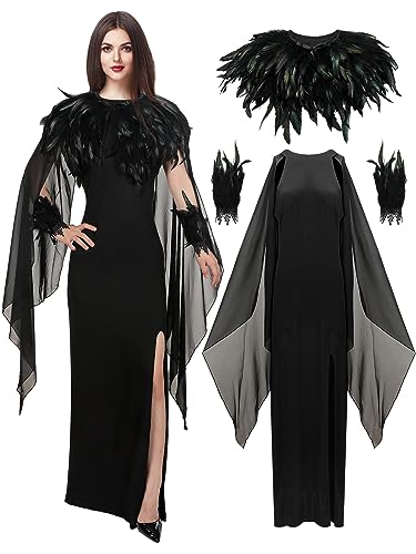 Jiuguva Womens Halloween Evil Witch Costume Elegant Maxi Dress with Gothic Feather Cape and Cuff for Halloween Cosplay Favors (X-Large) Black