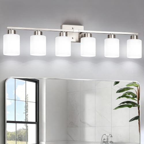 Image of FonmYim Brushed Nickel Bathroom Light Fixtures, 6-Light Modern Vanity Light Over Mirror, Wall Sconces with Milky White Frosted Glass Shades, E26 Socket (Bulbs Not Included)