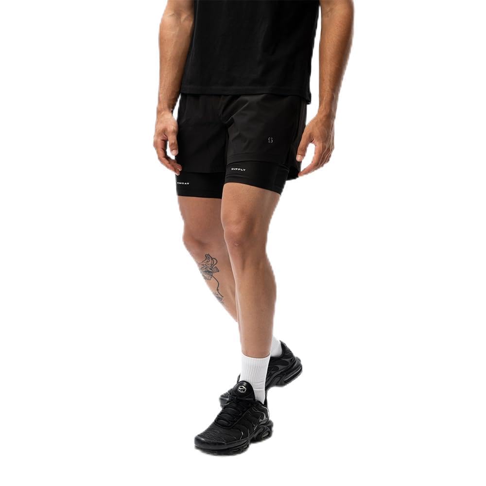 sweat supply Men's 2-in-1 Running Shorts | Built-in Compression Liner | 86% Nylon 14% Spandex | Zip Pockets | Anti-Chafe Quick-Dry | Reflective (in, Alpha, 2XL, Regular, Onyx Black)-picture-15