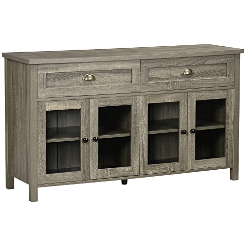 HOMCOM Buffet Bas Buffet de Salon Salle à Manger Meuble de Rangement 2 tiroirs 2 placards Double Portes vitrées - poignées coquilles - 132 x 40 x 76,2 cm