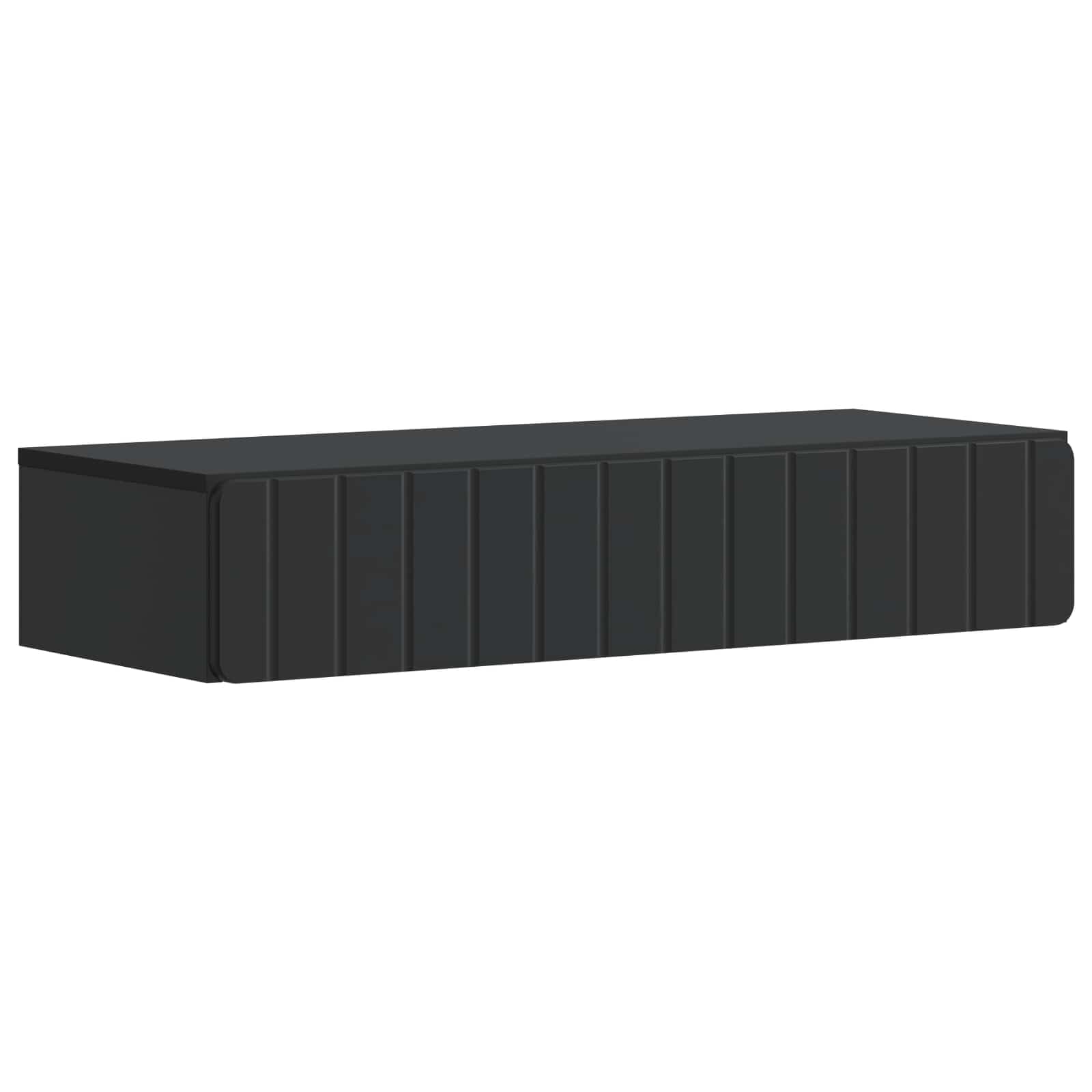 Moderna estantería flotante para salón en madera negra con cajón oculto integrado