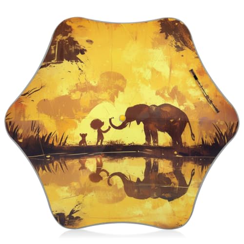 Parapluie pliant éléphants bruns coucher de soleil doré automatique pour enfants