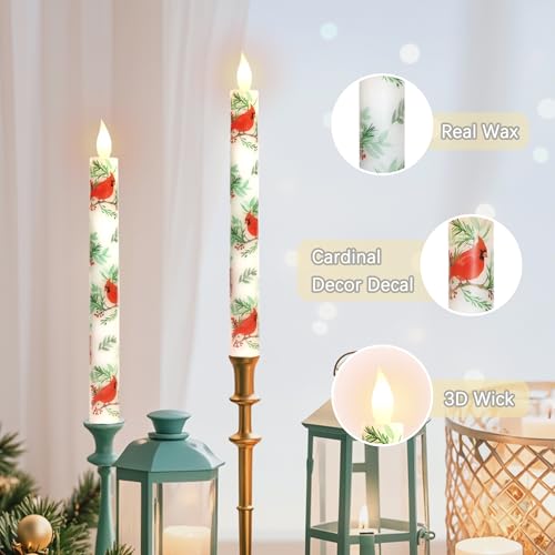 Image of Crystal Club Flameless Taper Candles,Battery Operated LED Candlesticks with Remote, Cardinal Theme Real Wax & Flicker Effect for Christmas Home Festival Decor, Set of 2