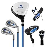 COSTWAY 5-teiliges Kinder Golfschläger Set, Golf Set Rechtshänder mit 3 Fairway, 7/9 Eisen, Putter, Regenhaube & Golftasche, Golfschlägersätze für Kinder von 8-10 Jahren (Blau)