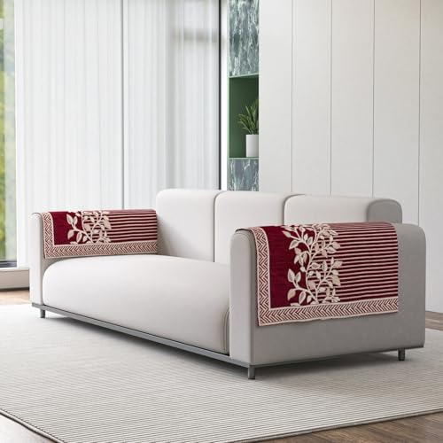 Image of Nendle Premium Chenille Floral Sofa Mat Arms Cover Only - Soft & Durable Protector for L Shape /Standard Sofa Set (58 cm, Maroon, 1 Piece)